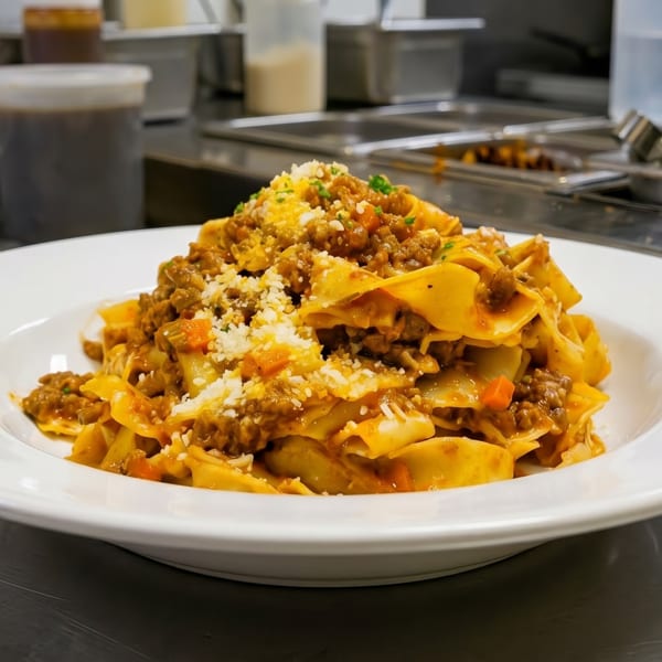 A white plate of pappardelle pasta with bolognese sauce and grated cheese in a commercial kitchen.