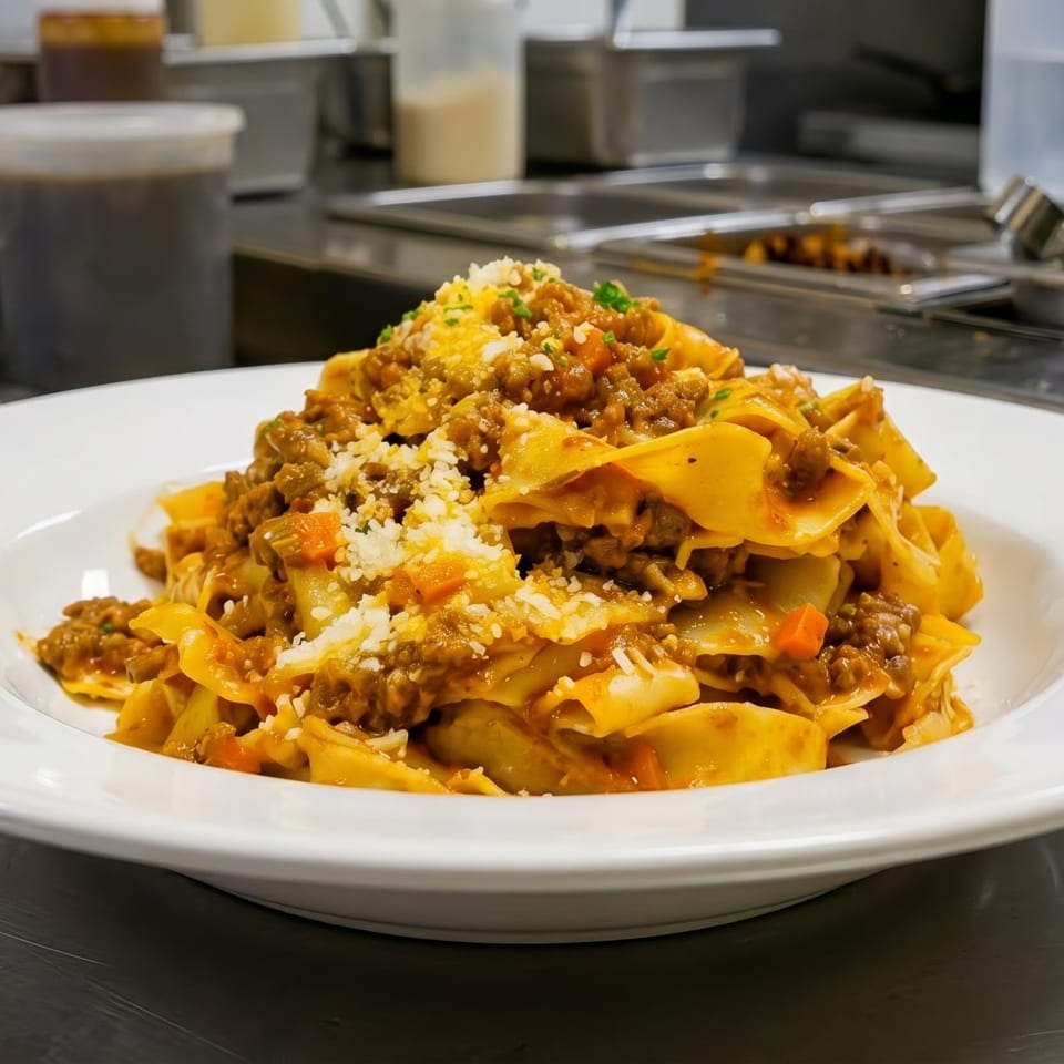 A white plate of pappardelle pasta with bolognese sauce and grated cheese in a commercial kitchen.