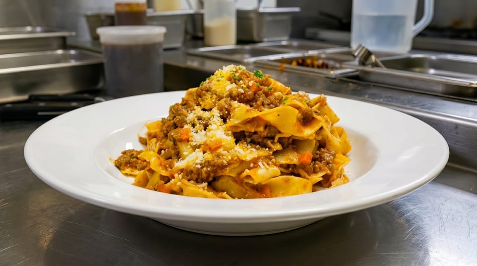 A white plate of pappardelle pasta with bolognese sauce and grated cheese in a commercial kitchen.