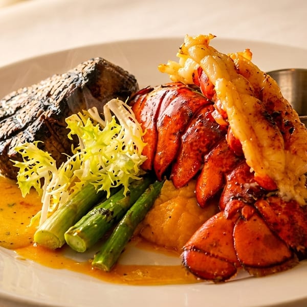 Grilled steak and lobster tail with asparagus, frisee, and sauce on a white plate.