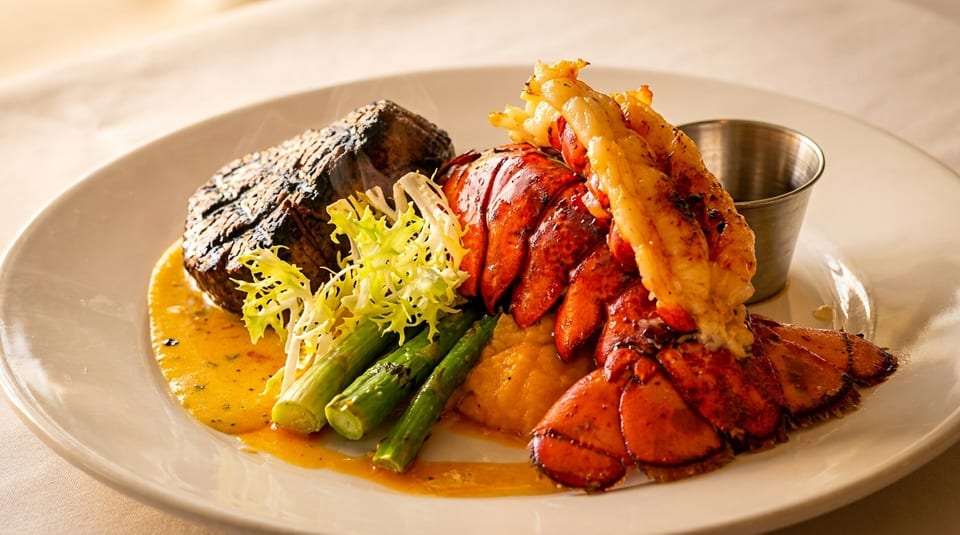 Grilled steak and lobster tail with asparagus, frisee, and sauce on a white plate.
