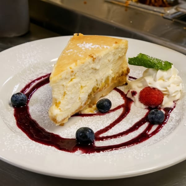 A slice of cheesecake with berry sauce, whipped cream, blueberries, and a raspberry on a white plate.