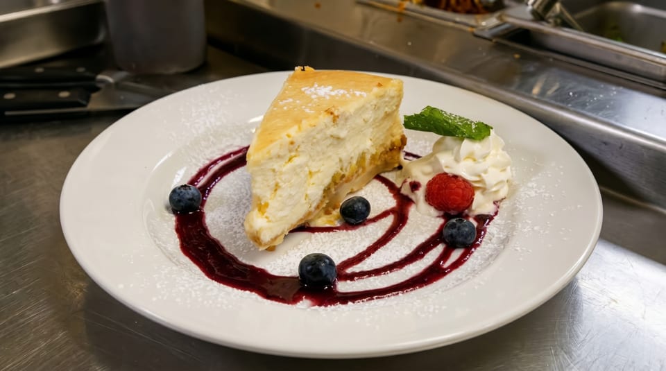 A slice of cheesecake with berry sauce, whipped cream, blueberries, and a raspberry on a white plate.