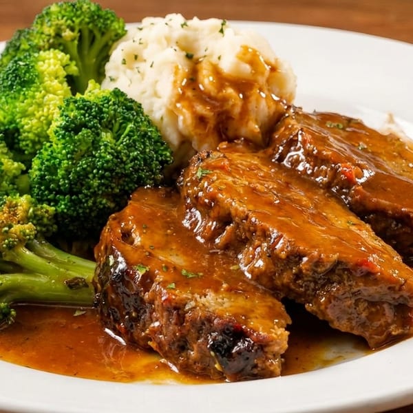 Two slices of meatloaf with gravy, mashed potatoes, and steamed broccoli on a white plate.