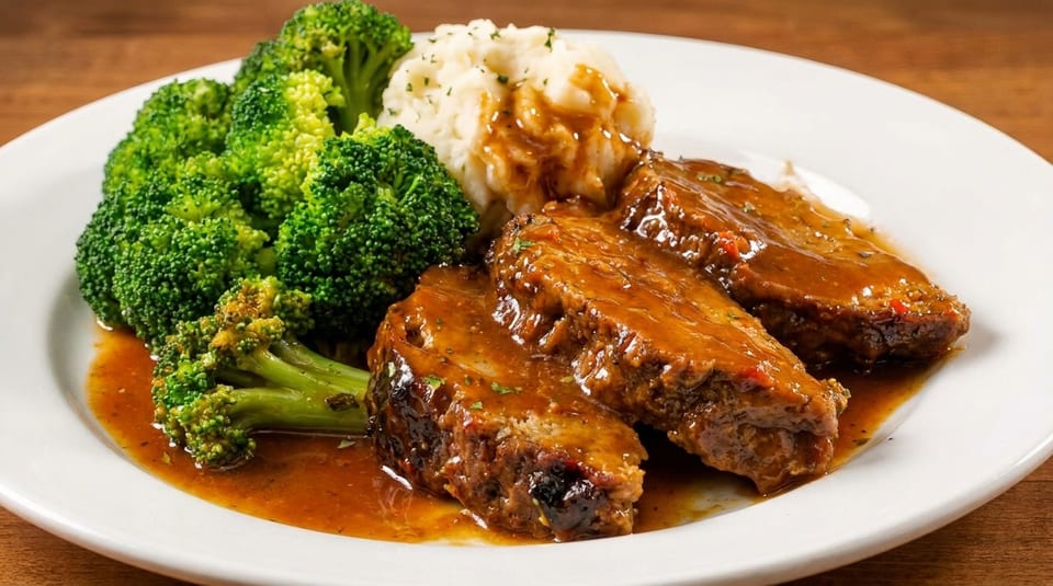 Two slices of meatloaf covered in gravy, with mashed potatoes and broccoli florets on a white plate.
