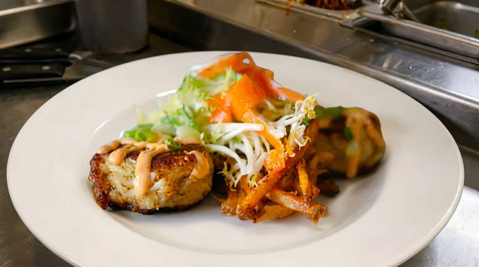 A white plate with a crab cake, fries, and a fresh salad with dressing.