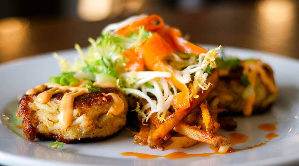 Two crab cakes drizzled with sauce, served with a side of fries and a fresh salad.