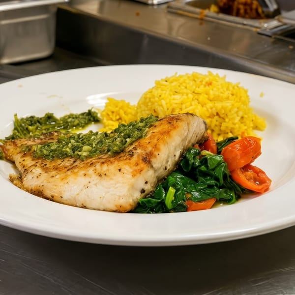 Grilled fish with green sauce, yellow rice, spinach, and tomatoes on a white plate.