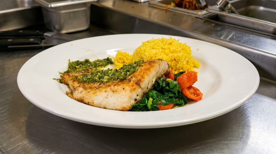 Grilled fish with green sauce, yellow rice, spinach, and tomatoes on a white plate.