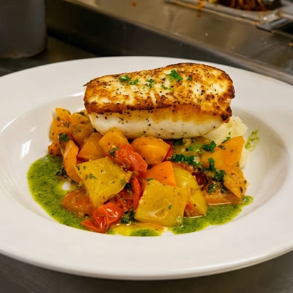Pan-seared fish with roasted vegetables, mashed potatoes, and green sauce on a white plate.