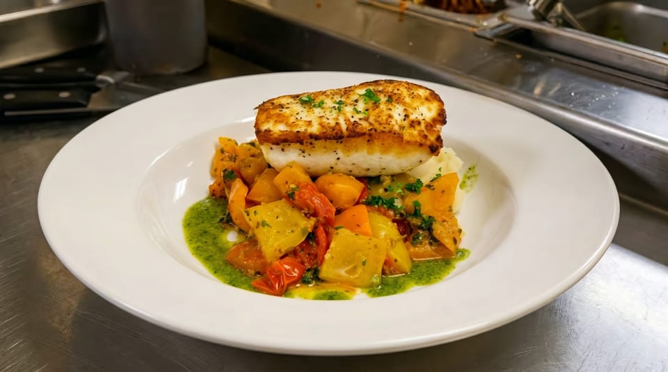 Pan-seared fish with roasted vegetables, mashed potatoes, and green sauce on a white plate.