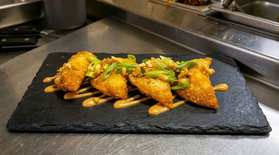 Four crispy fried wontons, drizzled with sauce, topped with peanuts and green onions on a black slate.