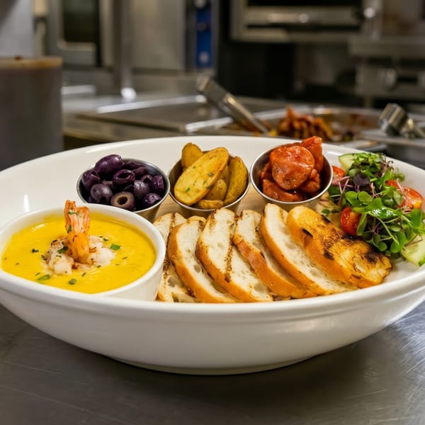 A large white platter with shrimp bisque, olives, potatoes, sausage, salad, and bread in a kitchen.