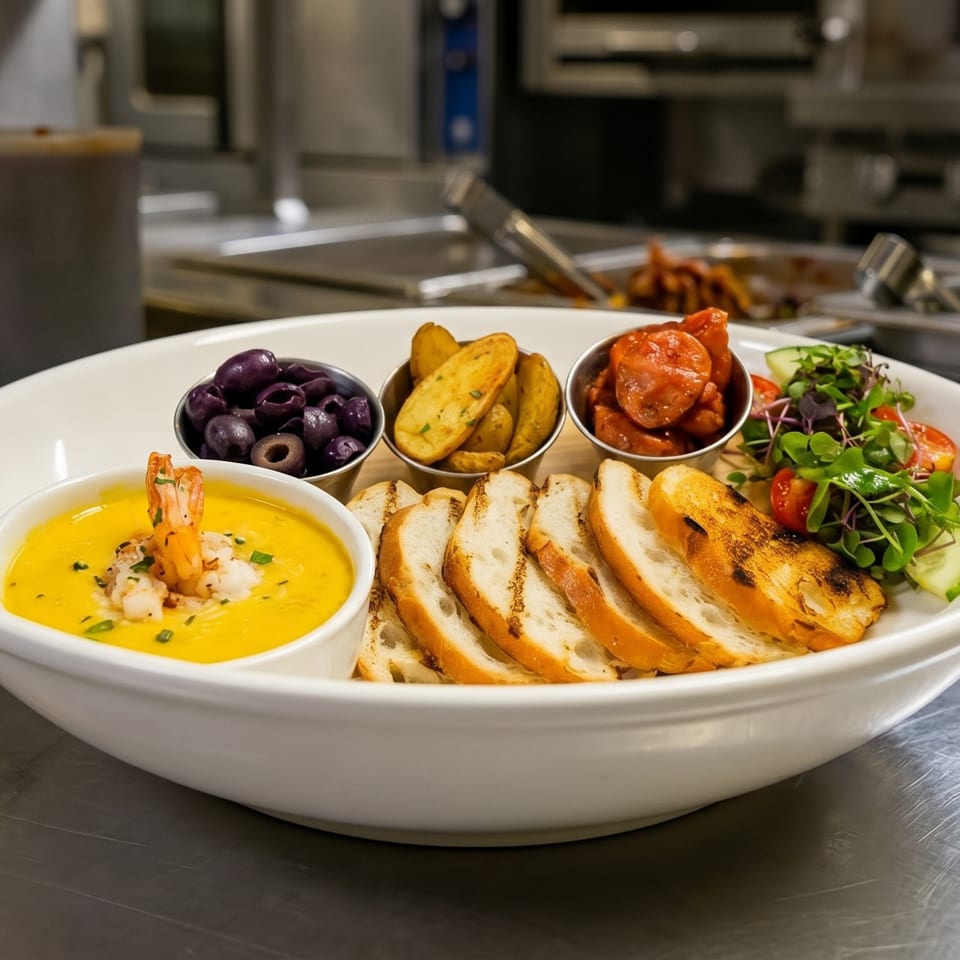 A large white platter with shrimp bisque, olives, potatoes, sausage, salad, and bread in a kitchen.