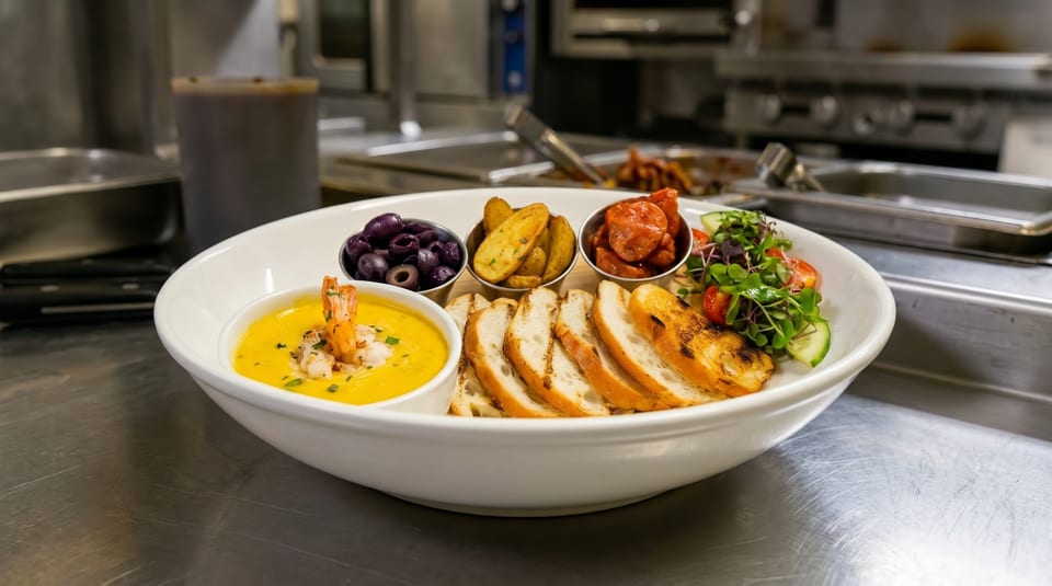 A large white platter with shrimp bisque, olives, potatoes, sausage, salad, and bread in a kitchen.