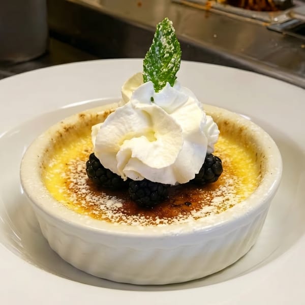 Crème brûlée in a white ramekin, topped with whipped cream, blackberries, and a mint leaf.