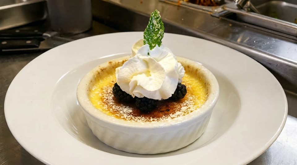 Crème brûlée in a white ramekin, topped with whipped cream, blackberries, and a mint leaf.