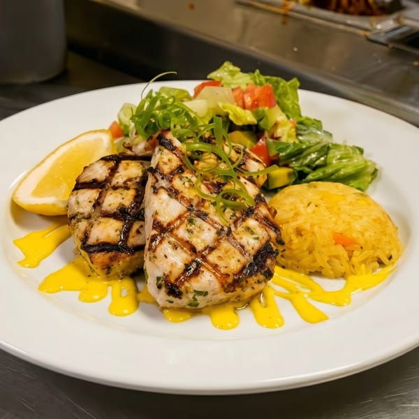 Grilled fish with yellow sauce, rice, and salad on a white plate in a commercial kitchen.
