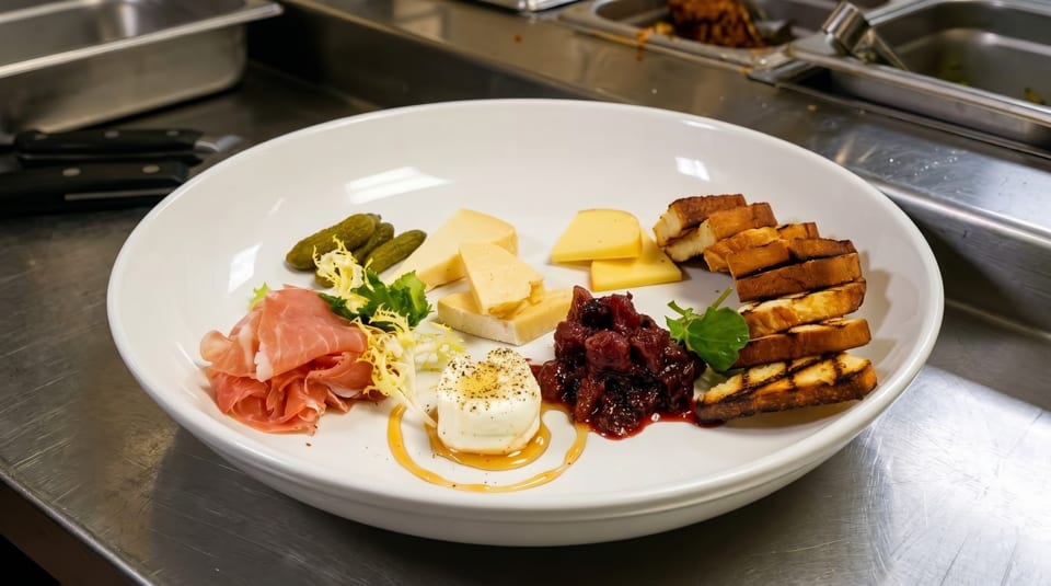 Charcuterie board with prosciutto, cheeses, pickles, jam, goat cheese, and toasted bread on a white plate.