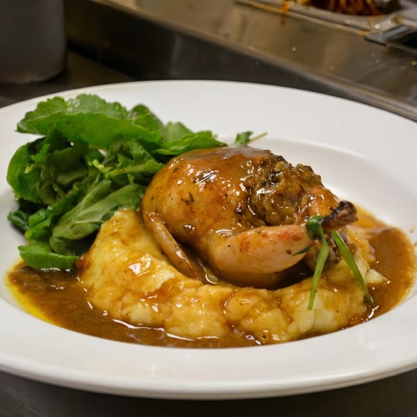 Roasted quail with gravy, mashed potatoes, and a side of fresh greens on a white plate.