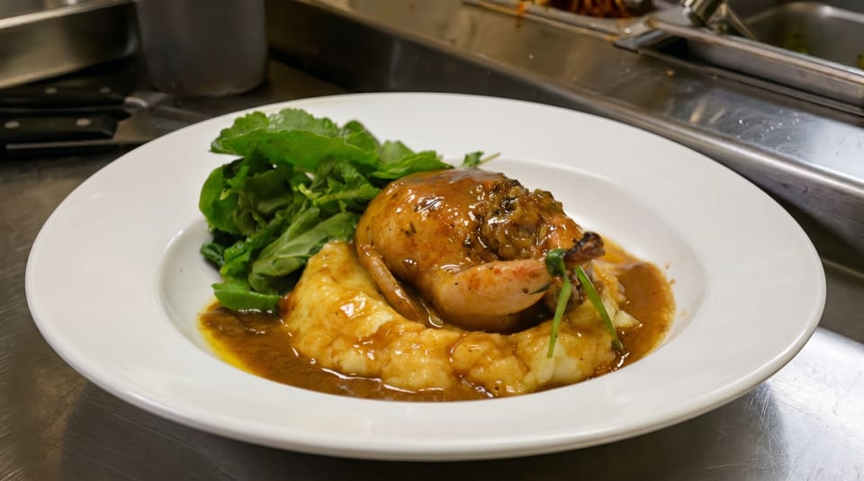 Roasted quail with gravy, mashed potatoes, and a side of fresh greens on a white plate.