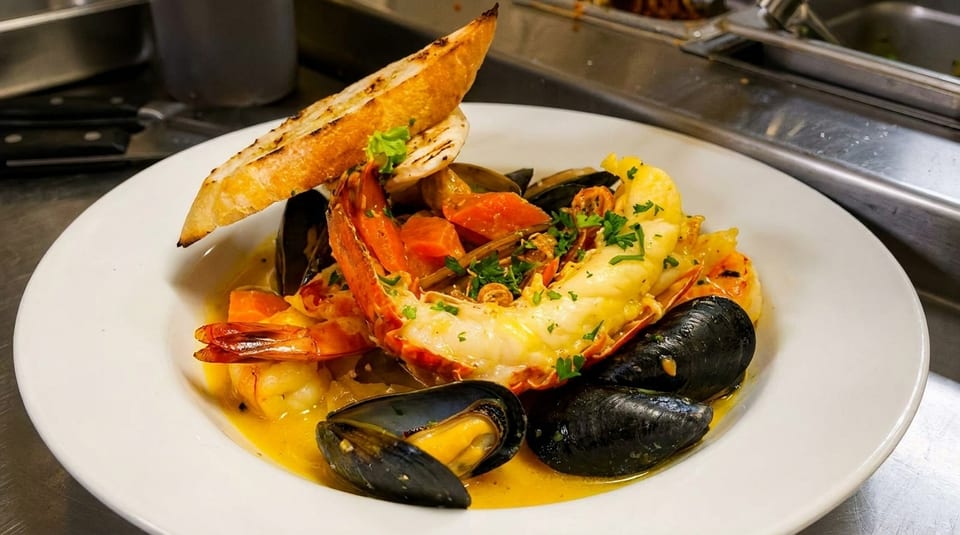 A white bowl filled with seafood stew, including lobster, mussels, shrimp, and toasted bread.