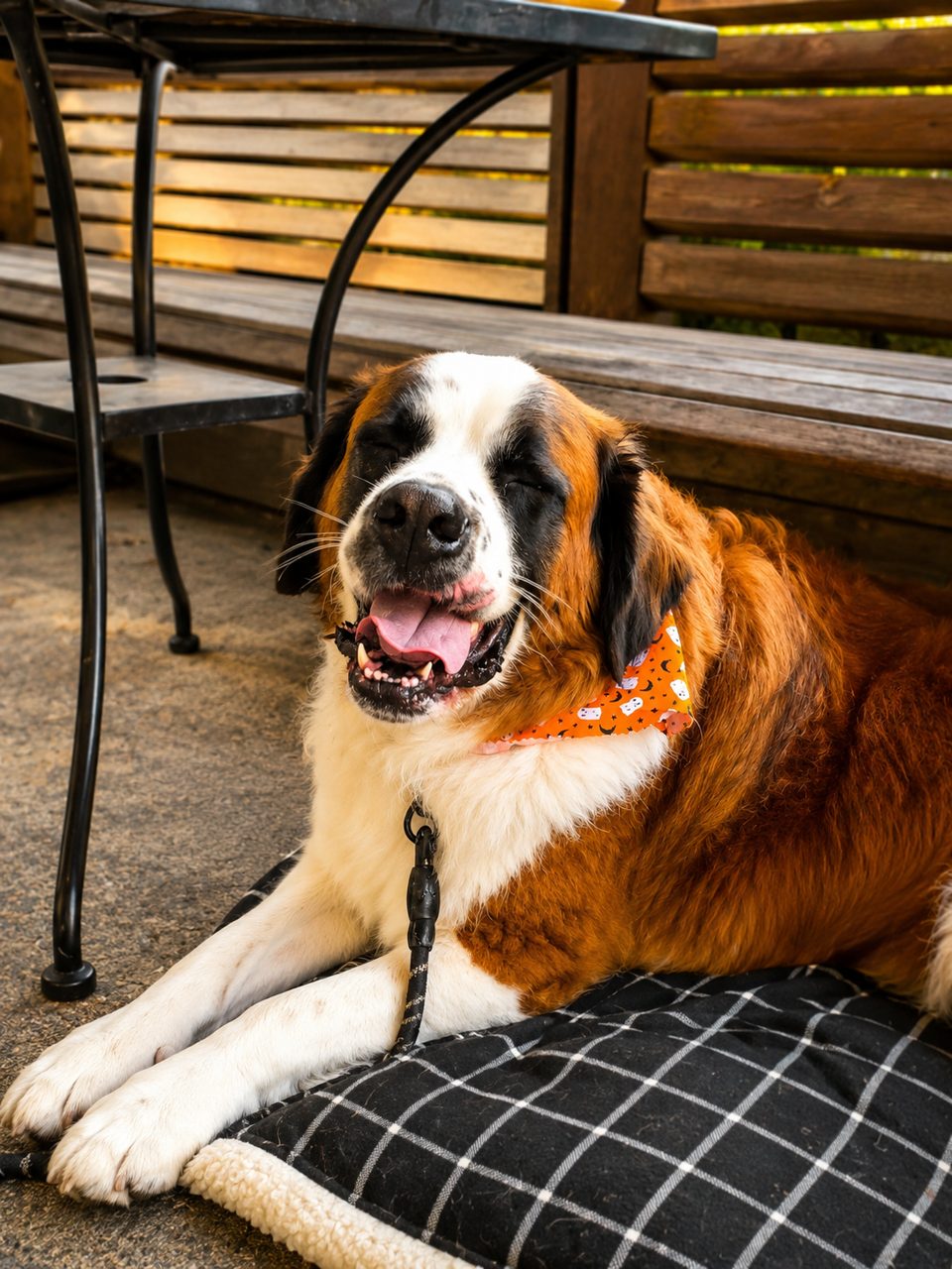 Happy Saint Bernard dog with an orange bandana resting on a black and white checkered bed.