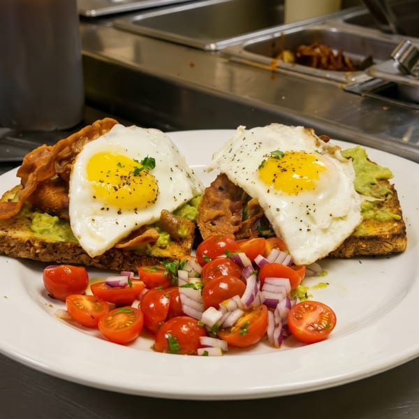 Two avocado toasts with fried eggs, bacon, and a side of cherry tomato and red onion salad.