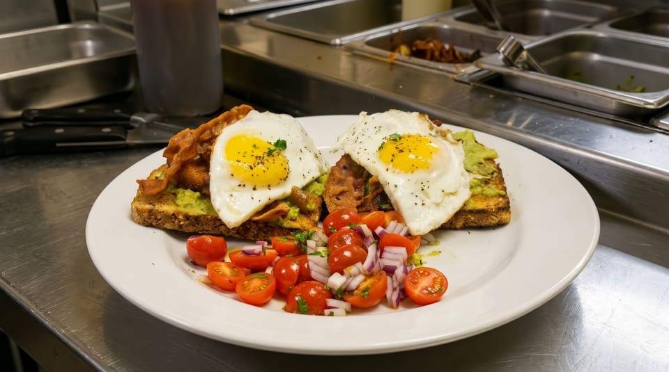 Two avocado toasts with fried eggs, bacon, and a side of cherry tomato and red onion salad.