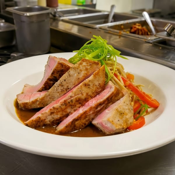 Sliced pork tenderloin with noodles, red peppers, and green onions in a rich sauce.
