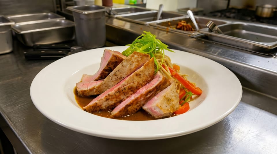 Sliced pork tenderloin with noodles, red peppers, and green onions in a rich sauce.