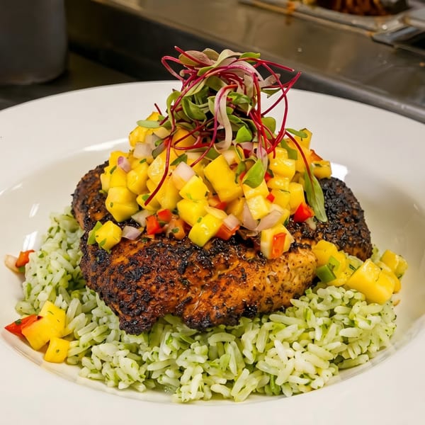 Blackened fish with mango salsa and microgreens, served over green rice on a white plate.