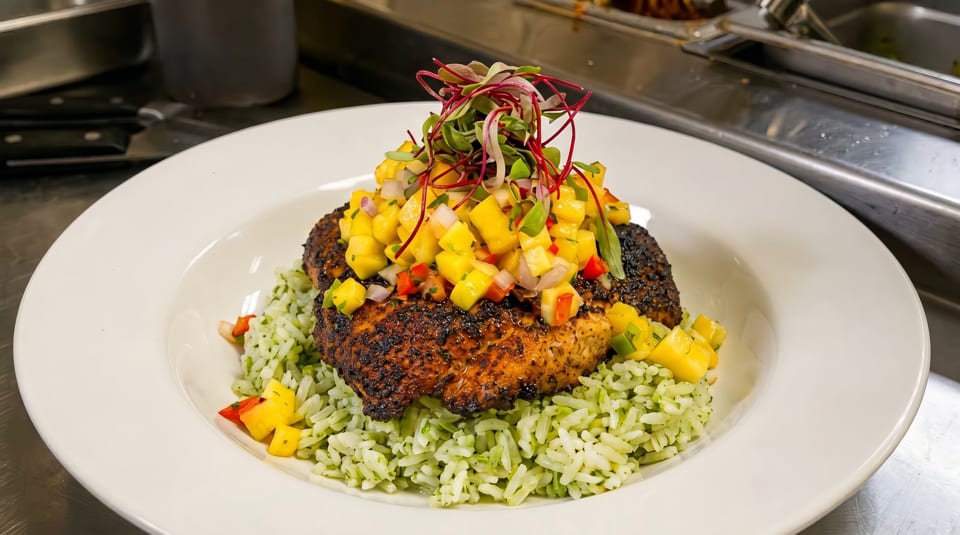 Blackened fish with mango salsa and microgreens, served over green rice on a white plate.