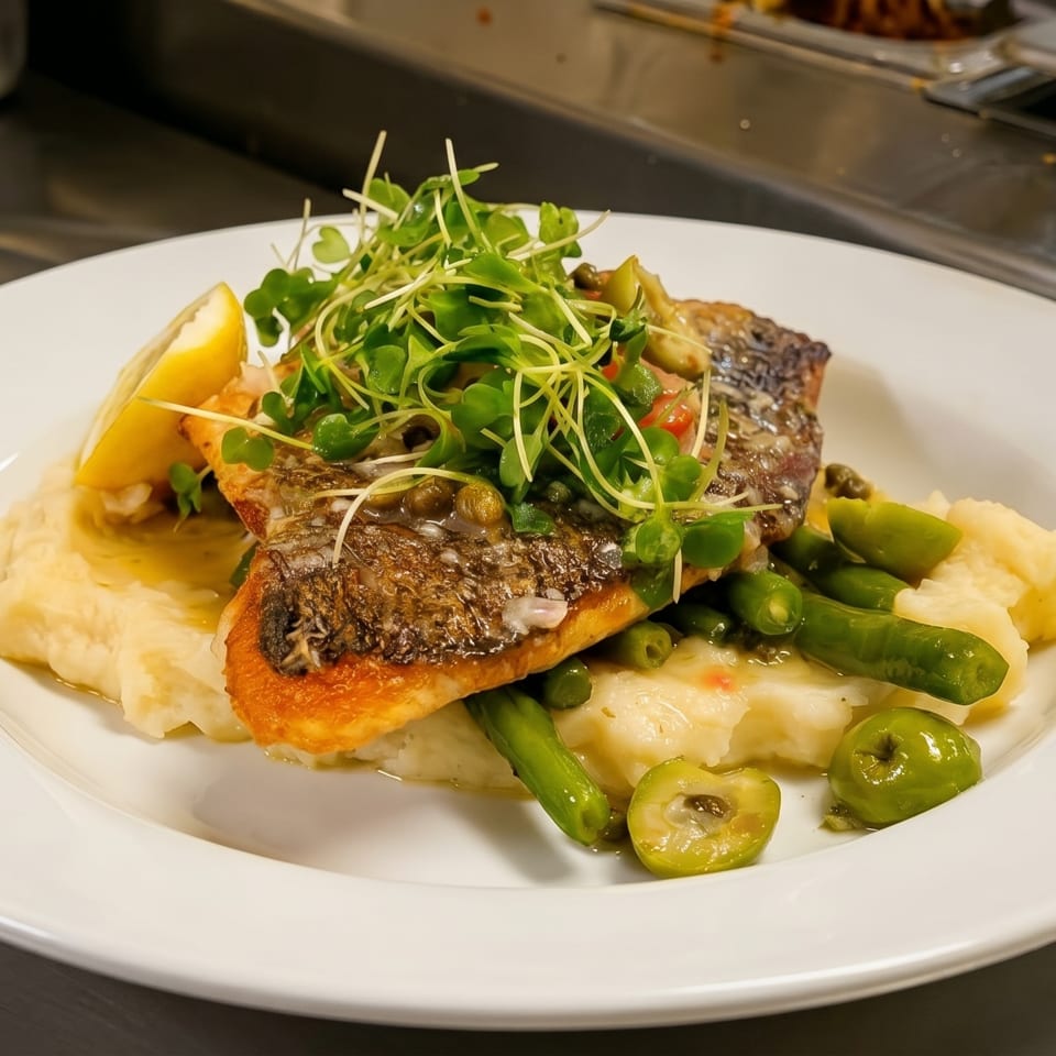 Pan-seared fish with mashed potatoes, green beans, olives, and microgreens on a white plate.