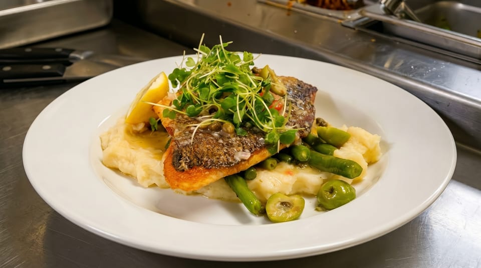 Pan-seared fish with mashed potatoes, green beans, olives, and microgreens on a white plate.