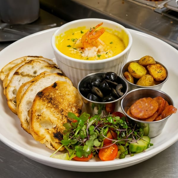 A white plate holds a yellow shrimp dip, toasted bread, olives, potatoes, chorizo, and a side salad.