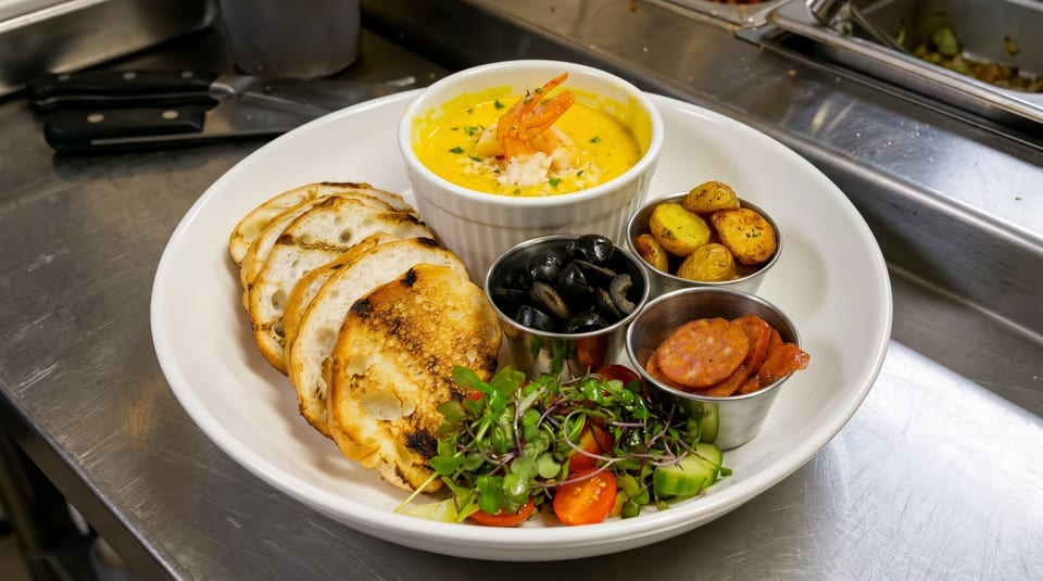 A white plate holds a yellow shrimp dip, toasted bread, olives, potatoes, chorizo, and a side salad.
