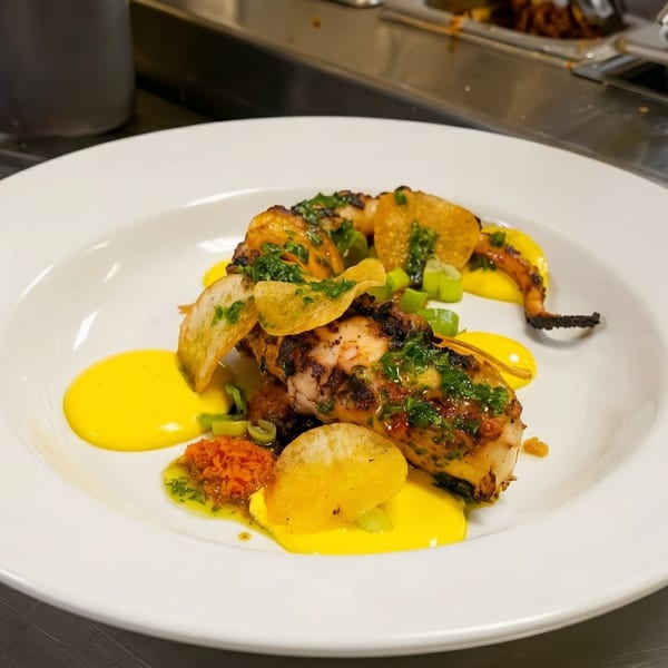 Grilled octopus with yellow sauce, potato chips, and green herbs on a white plate.