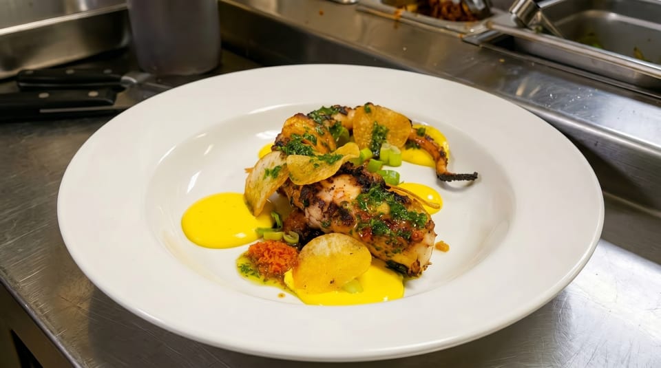 Grilled octopus with yellow sauce, potato chips, and green herbs on a white plate.