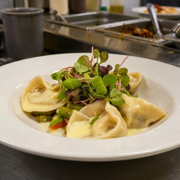 A white bowl of dumplings with microgreens and sauce on a stainless steel kitchen counter.