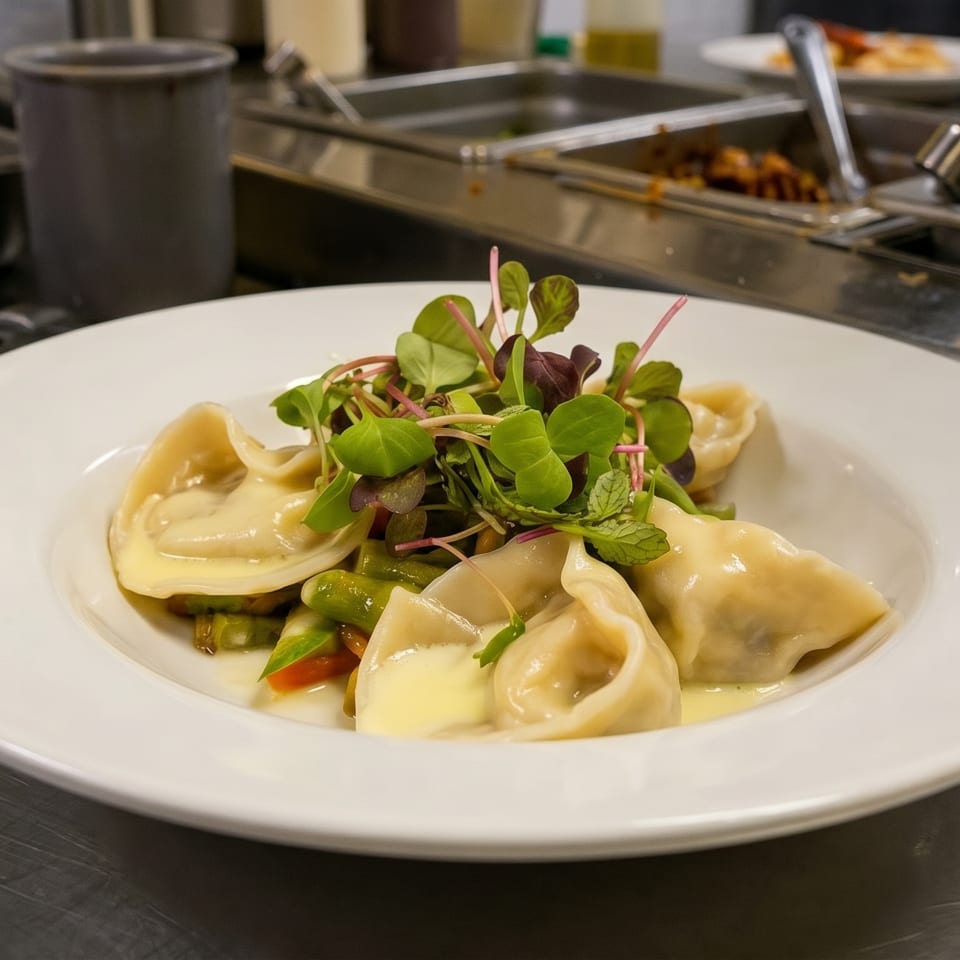 A white bowl of dumplings with microgreens and sauce on a stainless steel kitchen counter.