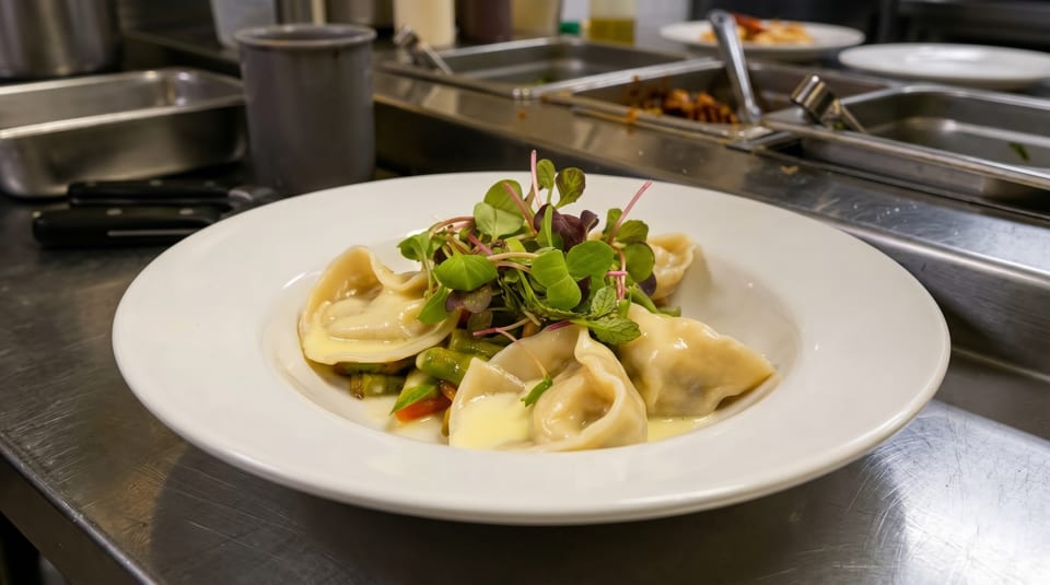 A white bowl of dumplings with microgreens and sauce on a stainless steel kitchen counter.