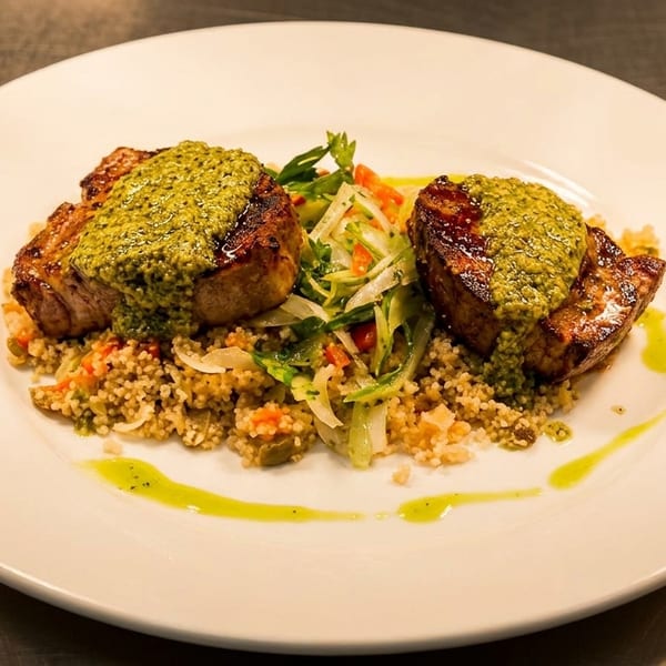 Two pesto-topped pork chops on a bed of couscous and mixed vegetables, drizzled with green sauce.
