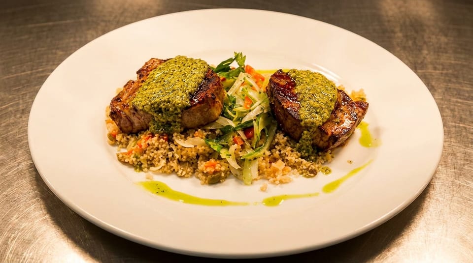 Two pesto-topped pork chops on a bed of couscous and mixed vegetables, drizzled with green sauce.