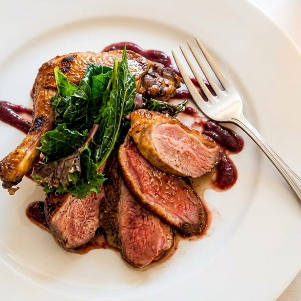 Roasted duck leg and sliced duck breast with greens and berry sauce on a white plate.