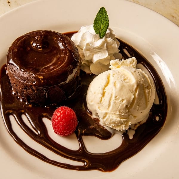Chocolate lava cake with chocolate sauce, vanilla ice cream, whipped cream, raspberry, and mint.