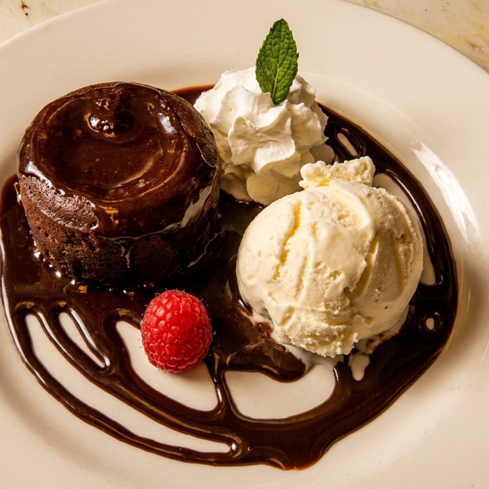 Chocolate lava cake with chocolate sauce, vanilla ice cream, whipped cream, raspberry, and mint.