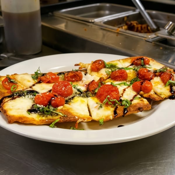 Flatbread pizza with cherry tomatoes, mozzarella, basil, and balsamic glaze on a white plate in a kitchen.