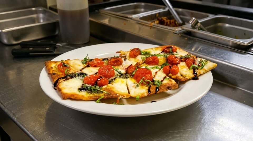 Flatbread pizza with cherry tomatoes, mozzarella, basil, and balsamic glaze on a white plate in a kitchen.