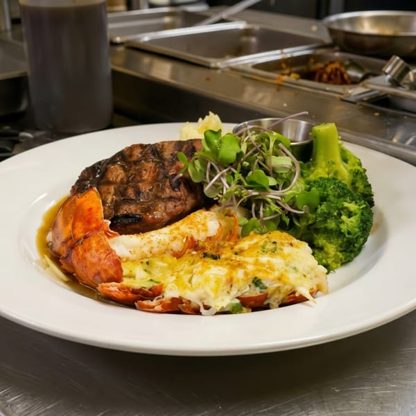 Plated surf and turf with steak, lobster, broccoli, and microgreens in a commercial kitchen.